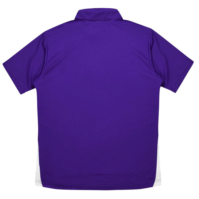 A purple polo shirt with short sleeves and a solid back design, featuring white side panels.