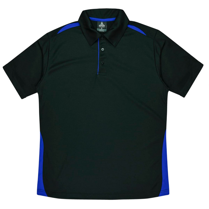 A black polo shirt with blue side accents, featuring a collar and a logo.