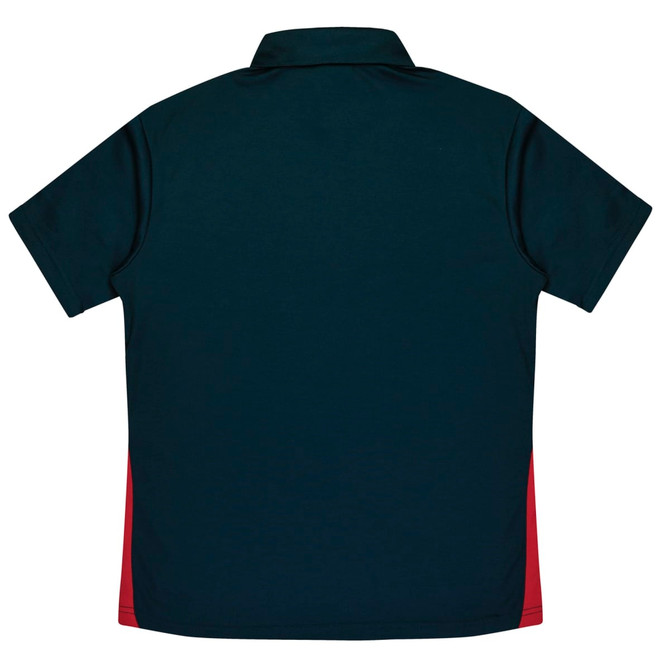 A dark blue polo shirt with red side panels and a collar. Features a logo on the upper left side.