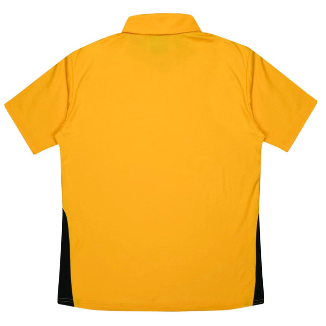 A yellow polo shirt featuring black side panels and a collar, with a logo on the front.