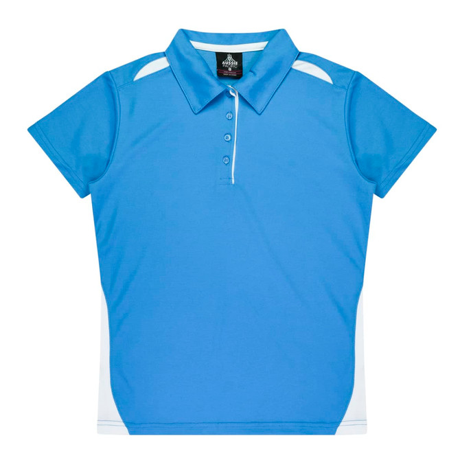 A blue polo shirt with white accents and a collar, featuring a logo on the label.