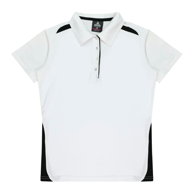 A white polo shirt with black side panels and a collar, featuring a logo on the upper section.