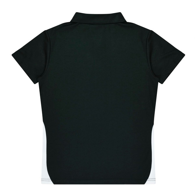 A dark green polo shirt featuring a white side panel and a collar. The garment has a logo on it.
