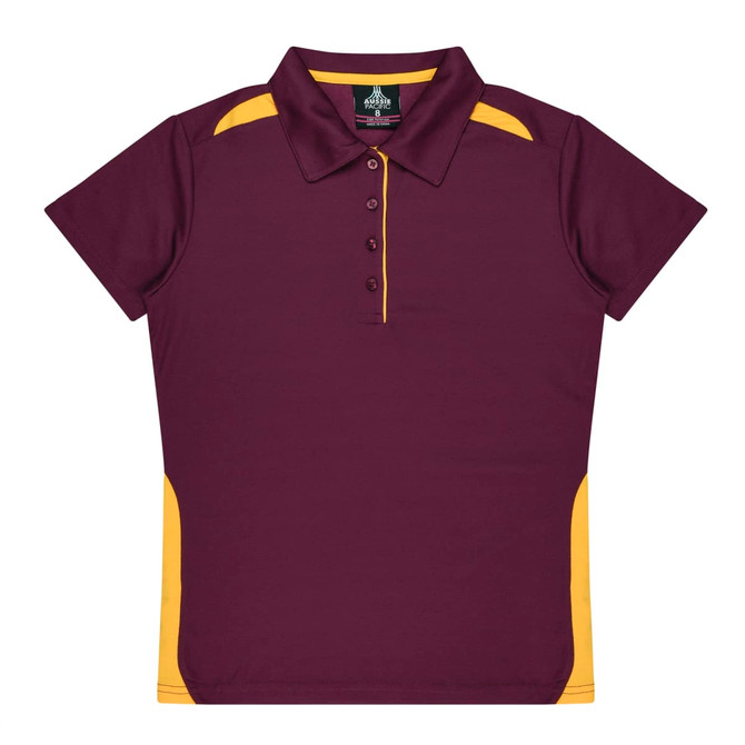 A maroon polo shirt with yellow side details and a collar, featuring three buttons and a logo.
