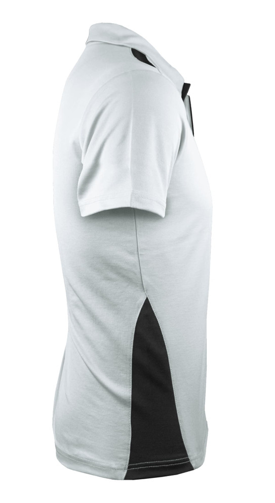 A light grey polo shirt with black accents, featuring short sleeves and a collar, including a logo.