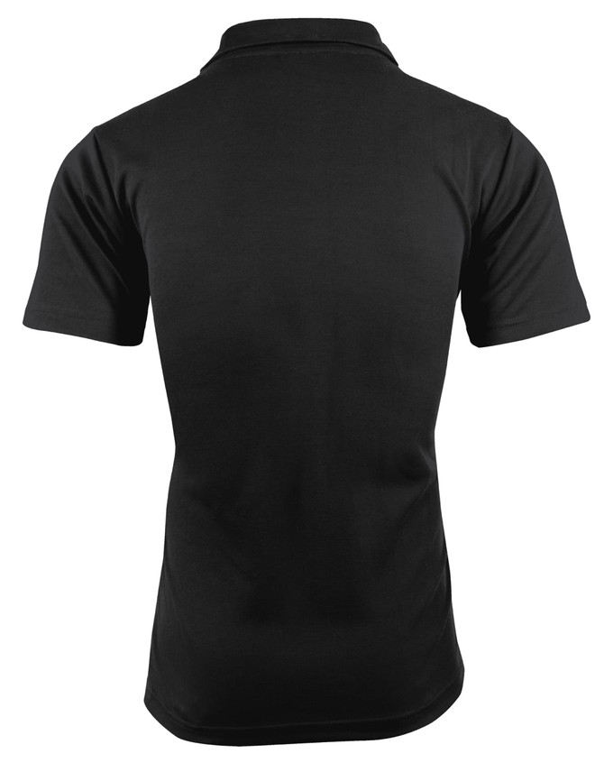 A black polo shirt featuring a branded logo on the back. It has a classic collar and short sleeves.