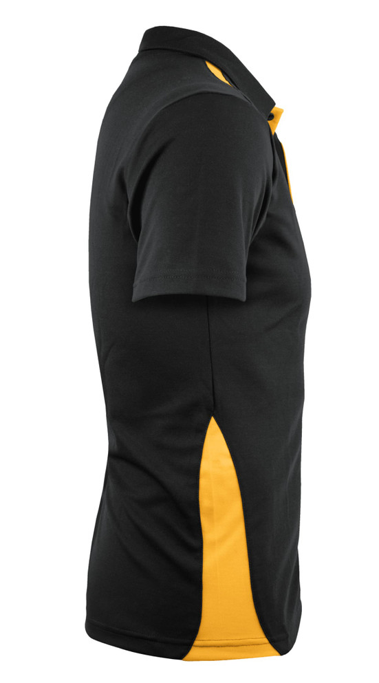 A black polo shirt with yellow accents, featuring a collar and short sleeves, and includes a logo.