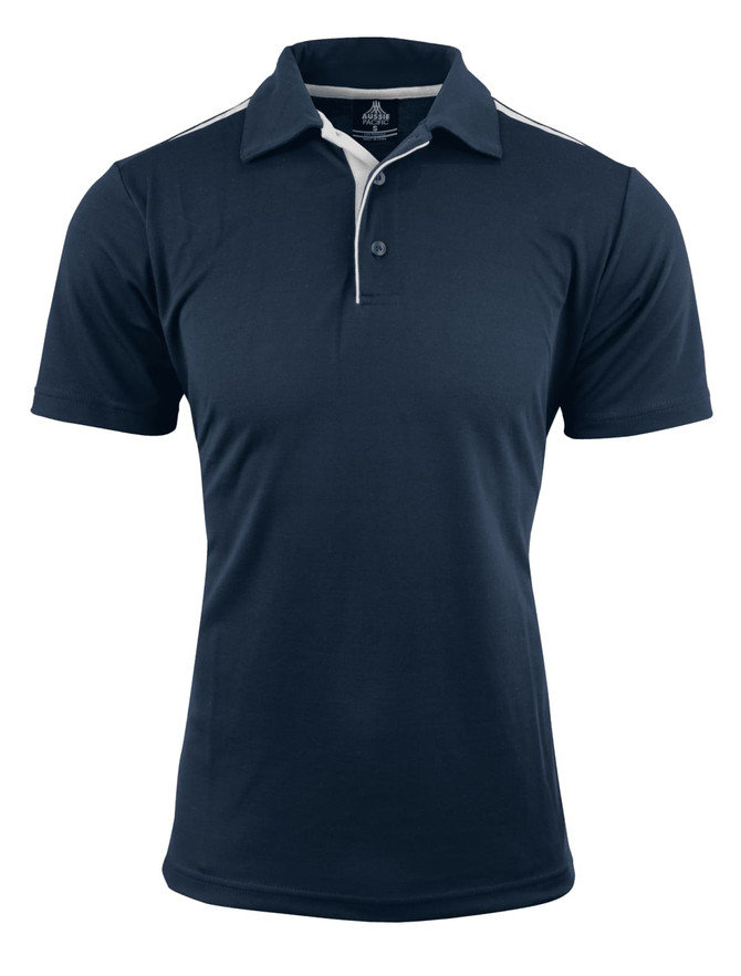 A navy blue polo shirt with a two-button placket and contrasting collar, featuring a logo.