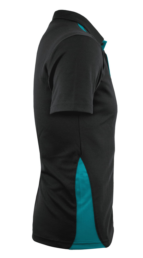 A black polo shirt with teal accents, featuring a collar and a logo on the side.
