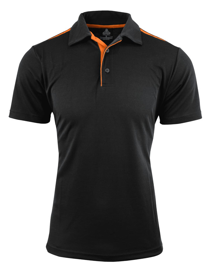 A black polo shirt with orange accents and a collar, featuring a buttoned placket and a logo.