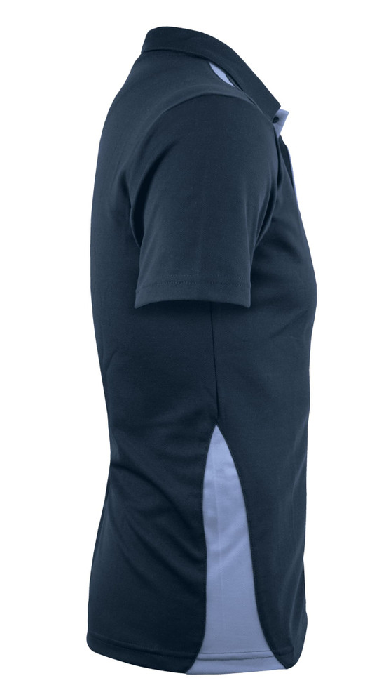 A navy and light grey men's polo shirt with a side split, featuring a classic collar and short sleeves.