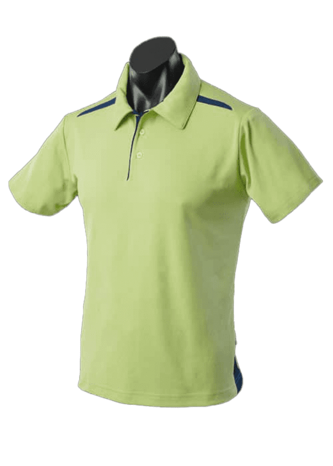 A lime green polo shirt with a collar and short sleeves, featuring blue accents and a logo.