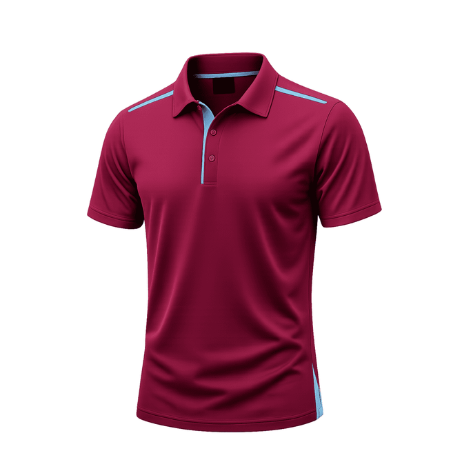 A maroon polo shirt with light blue detailing and a logo. Designed for men, featuring a classic collar and buttons.