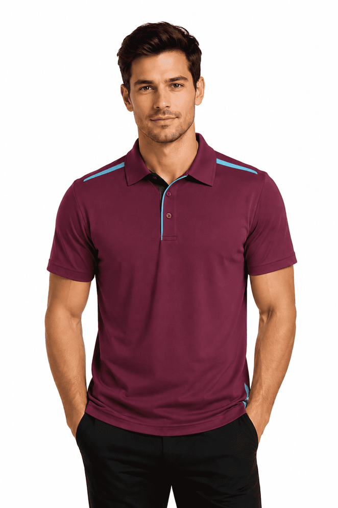 A maroon polo shirt featuring blue accents, with a collar and buttons, displayed on a male model.