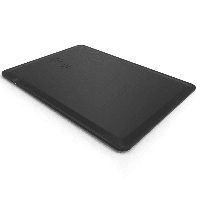 A black wireless charging mouse pad with a logo and a sleek, slim design.