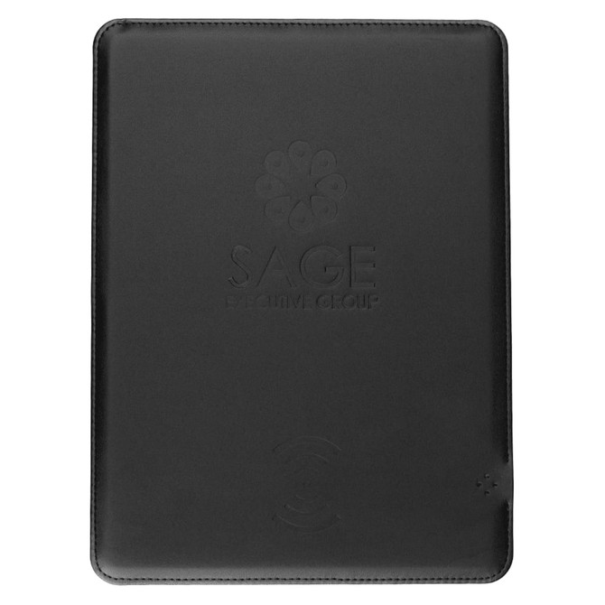 A sleek black wireless charging mouse pad featuring a logo, designed for phone and technology use.