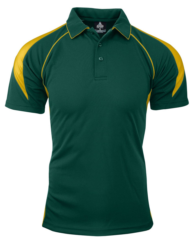 A green polo shirt with yellow accents and a collar, featuring a branding logo on the chest.
