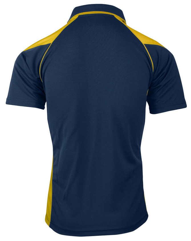 A navy blue polo shirt with yellow accents, featuring a back view and a branded logo.