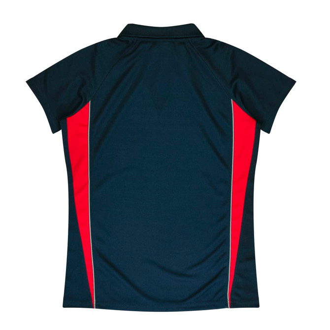 A polo shirt in navy blue with red side accents and a collar, featuring a logo.