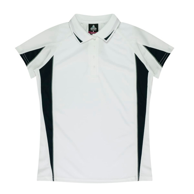 A white polo shirt with black side panels and a collar. Features logo branding on the front.