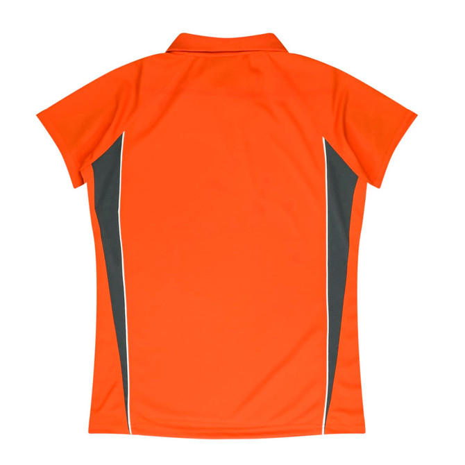 An orange polo shirt featuring grey side panels and a collar, with a logo on the back.