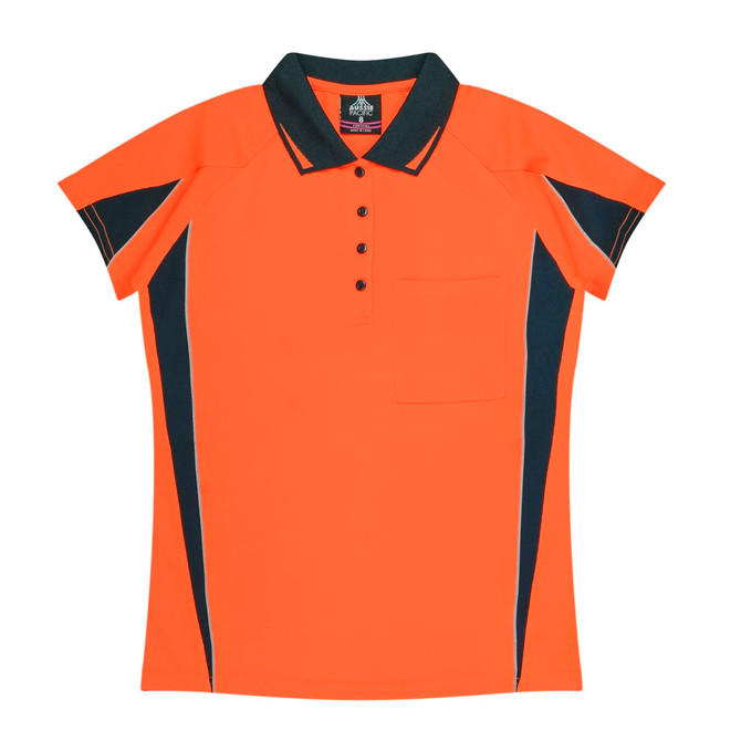 A bright orange polo shirt with black accents and a pocket on the front, featuring a logo.