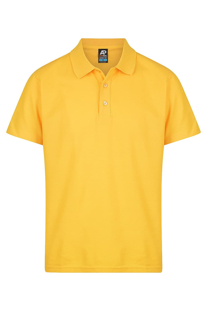 A yellow polo shirt with a collar and button placket, featuring a logo on the label.