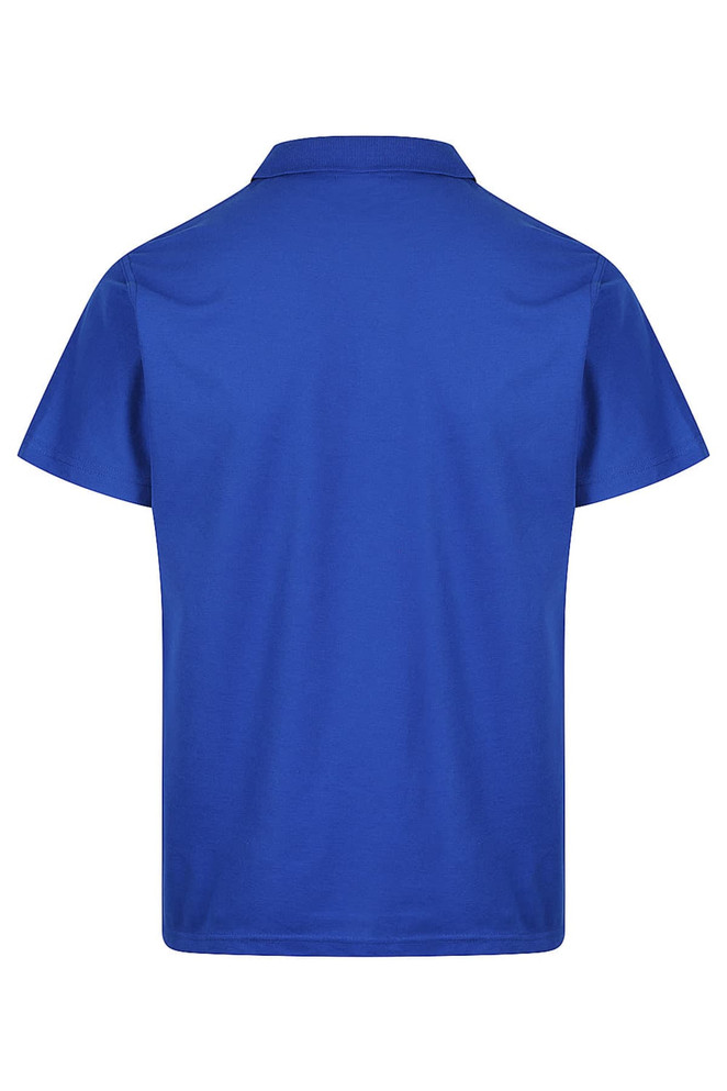 A blue polo shirt featuring a classic collar and short sleeves. The back is plain with a logo at the neck.
