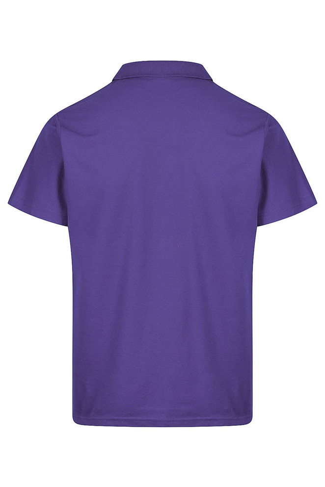 A purple polo shirt with a collar and short sleeves, featuring a logo on the front.