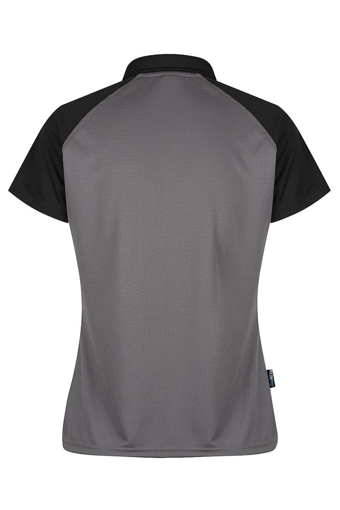 A grey and black polo shirt with a textured fabric and a collar, featuring a logo on the side.
