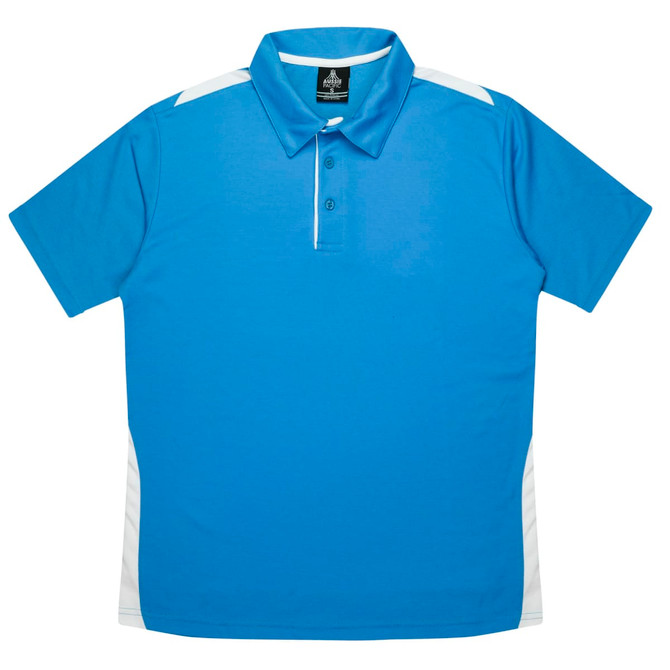 A blue polo shirt featuring white accents, short sleeves, and a collar with three buttons. It has a logo on the tag.