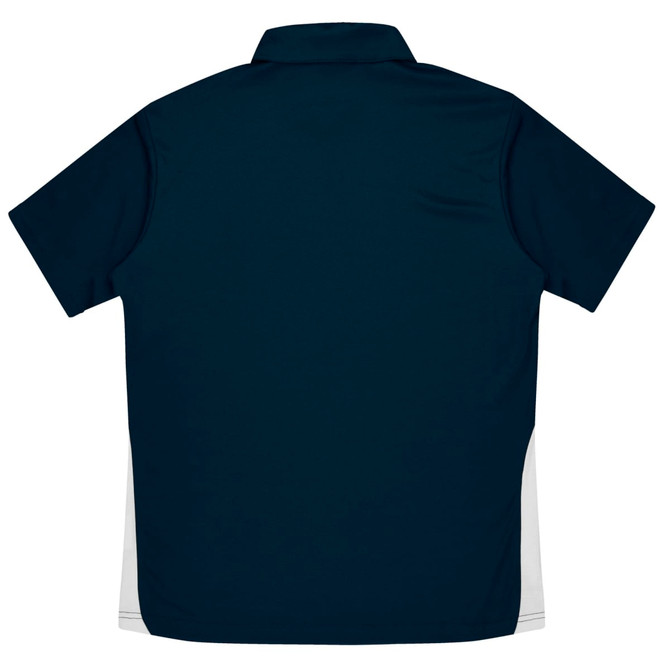 A navy blue polo shirt with white side panels and a collar, featuring a logo on the back.
