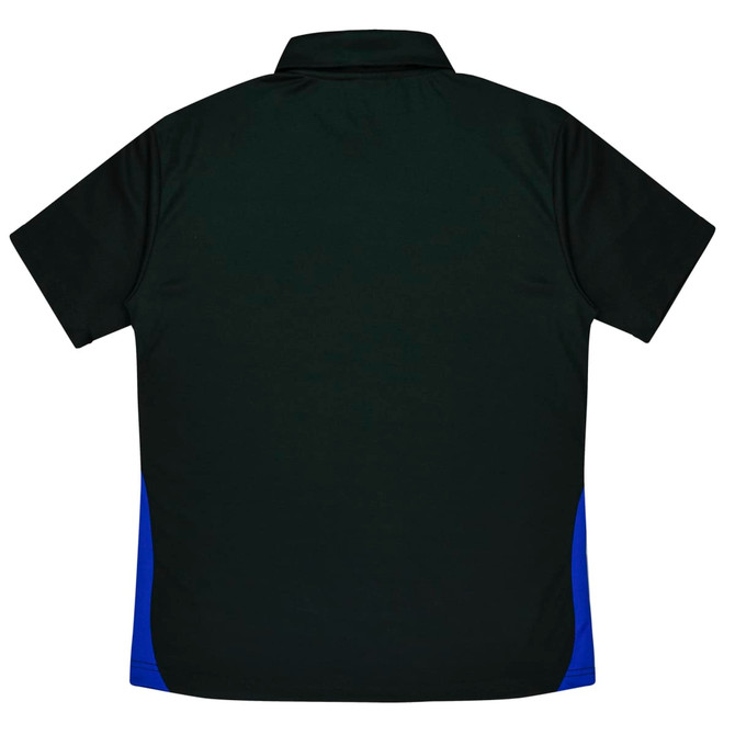 A black polo shirt with blue side panels and a collar, featuring a logo on the front.