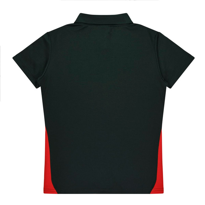 A dark green polo shirt with red side panels and a collar. The shirt features a branding logo.