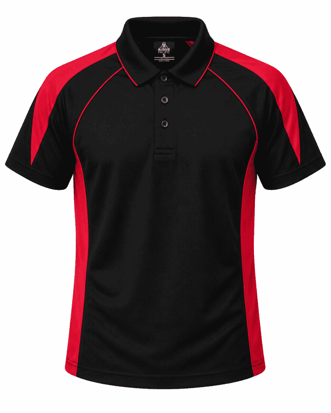 A black polo shirt with red accents and a logo on the chest. It features a classic collar and three buttons.