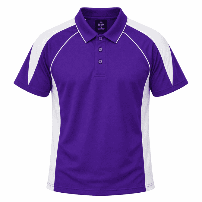 A purple polo shirt with white side panels and a collar, featuring a subtle logo.