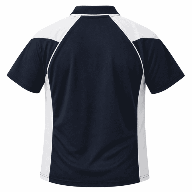 A navy polo shirt with white accents, featuring a logo on the back. Suitable for casual or sporting wear.