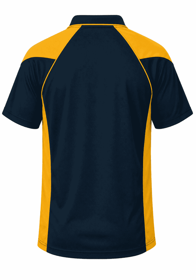A polo shirt featuring a navy body with yellow sleeves, showcasing a sporty design and a brand logo.
