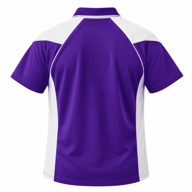A purple polo shirt with white mesh panels on the sides and back, featuring a logo.