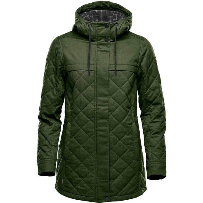 A women's quilted puffer jacket in dark green with a hood and a checkered lining, featuring a logo.