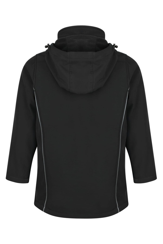 A black jacket with a hood, featuring zip details and a simple design. It has a logo on the garment.