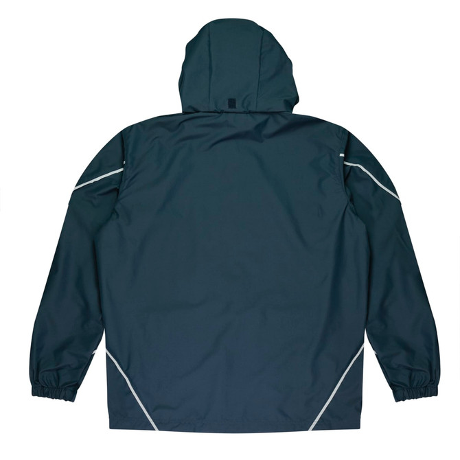 A dark navy men's jacket with a hood and elastic cuffs, featuring reflective trim along the seams.