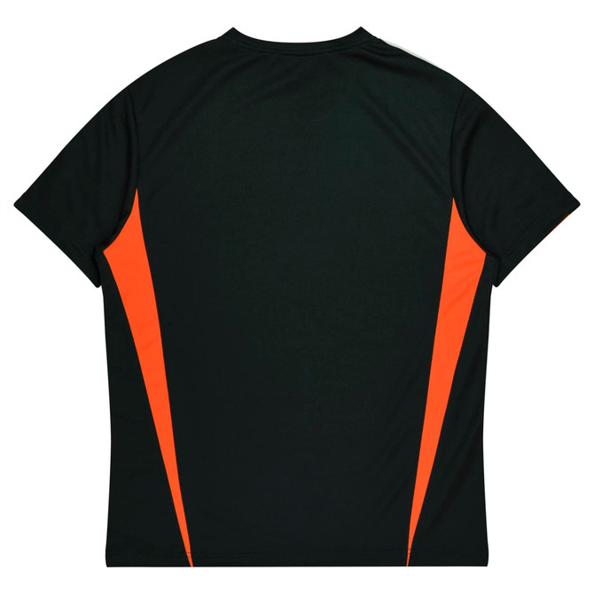 A black t-shirt with orange side panels and a logo on the back. Suitable for kids’ wear.