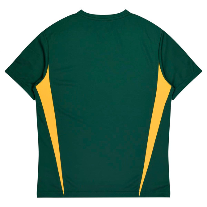 A green and yellow men's t-shirt featuring a back design with contrasting side panels. It includes a logo.