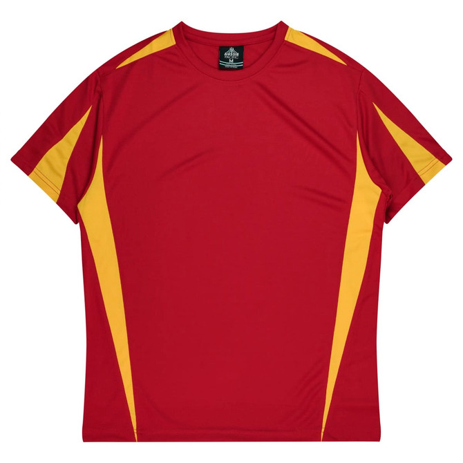 A red T-shirt with yellow side panels and a logo on the neckline, designed for men's wear.