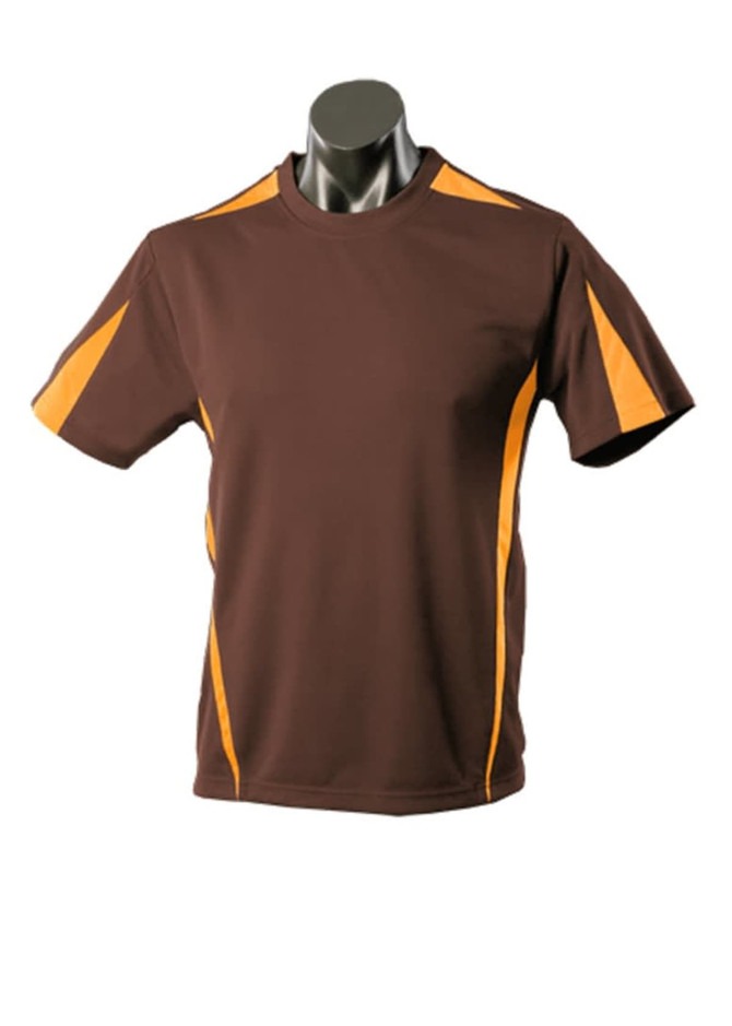 A brown T-shirt with orange accents and a logo on the chest, displayed on a mannequin.