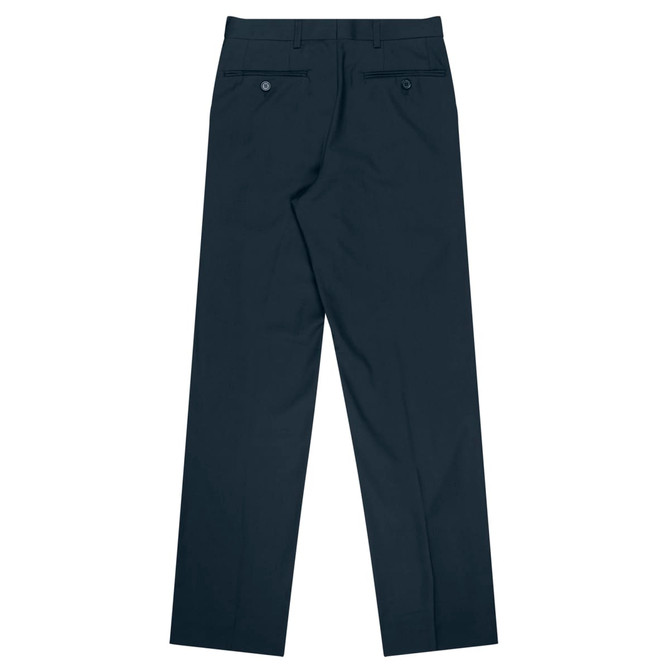Flat front men's slacks in dark navy, featuring two back pockets and a straight leg design. Includes branding.