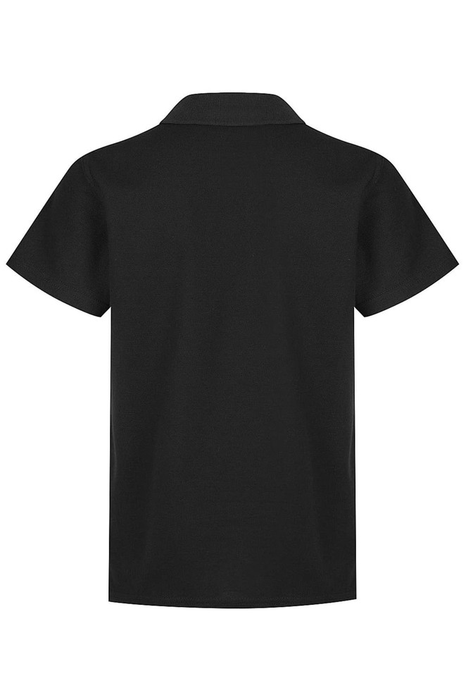 A black polo shirt featuring a collar and short sleeves, with a logo on the front.