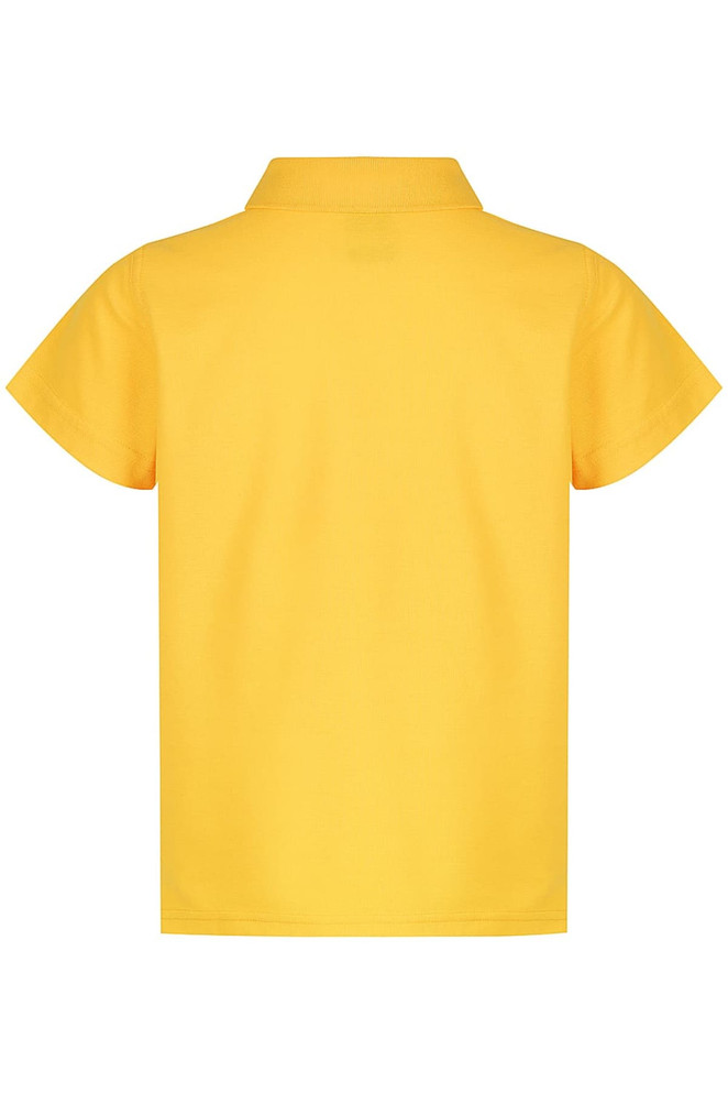 A yellow polo shirt for kids featuring a collar and short sleeves, with a branding logo on the back.