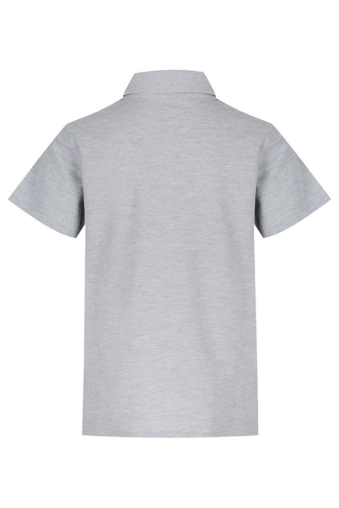 A grey polo shirt with a simple design, featuring a collar and short sleeves, and a branding logo.